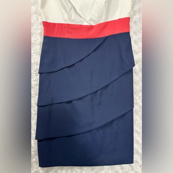 Connected Apparel Womens Pink, White & Blue Asymmetrical V-Neck Sheath Dress - Picture 4 of 12